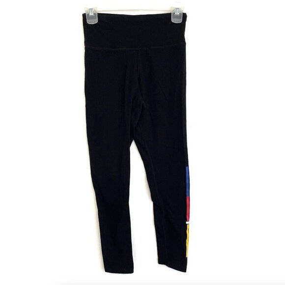 CHAMPION Solid Black Blue Red Yellow Detail White Spellout Logo Cropped Leggings - Picture 1 of 9